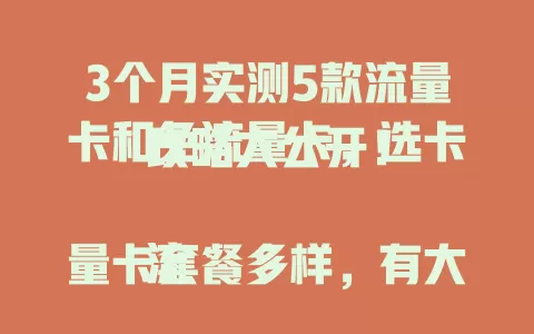 3个月实测5款流量卡和免流量卡，选卡攻略大公开！

流量卡套餐多样，有大流量适合重度用户，也有性价比高的。免流量卡更便利，特定应用场景不耗流量。选卡要明确需求，关注费用，参考他人评价，告别流量烦恼 。
