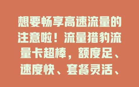 想要畅享高速流量的注意啦！流量猎豹流量卡超棒，额度足、速度快、套餐灵活、范围广，解决流量困扰