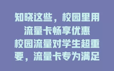 知晓这些，校园里用流量卡畅享优惠

校园流量对学生超重要，流量卡专为满足需求设计。它套餐优惠，几十元可得上百GB流量。校园内网络稳定快速，办理便捷，还有专属福利，助学生畅游网络，享受校园生活