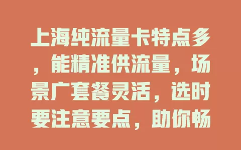 上海纯流量卡特点多，能精准供流量，场景广套餐灵活，选时要注意要点，助你畅享便捷网络生活