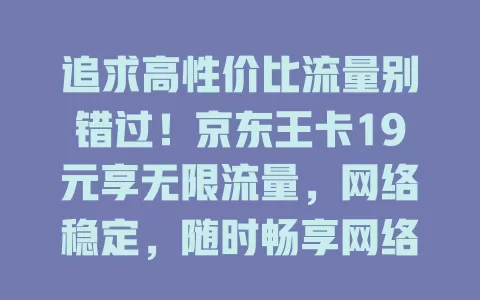 追求高性价比流量别错过！京东王卡19元享无限流量，网络稳定，随时畅享网络世界，追剧玩游戏不愁流量，还等啥？