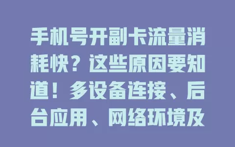 手机号开副卡流量消耗快？这些原因要知道！多设备连接、后台应用、网络环境及恶意软件都可能致此，了解原因后针对性控流，让副卡流量使用更高效