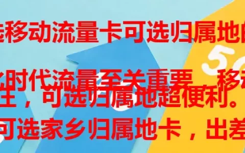轻松选移动流量卡可选归属地的秘诀

数字化时代流量至关重要，移动流量卡受关注，可选归属地超便利。特定需求用户可选家乡归属地卡，出差旅游按出行地选更实用。选时留意网络覆盖与套餐性价比，考虑自身需求就能挑到适配卡。