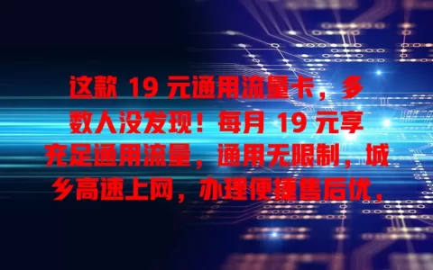 这款 19 元通用流量卡，多数人没发现！每月 19 元享充足通用流量，通用无限制，城乡高速上网，办理便捷售后优，流量烦恼别错过！