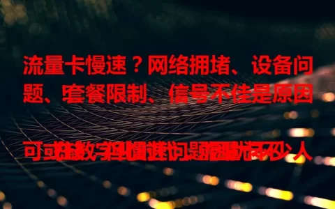 流量卡慢速？网络拥堵、设备问题、套餐限制、信号不佳是原因！

在数字化时代，流量卡不可或缺，但慢速问题困扰不少人。网络拥堵、设备故障、套餐限速、信号弱都会致其变慢。了解原因后针对性解决，就能畅享稳定快速网络，告别流量卡慢速烦恼！
