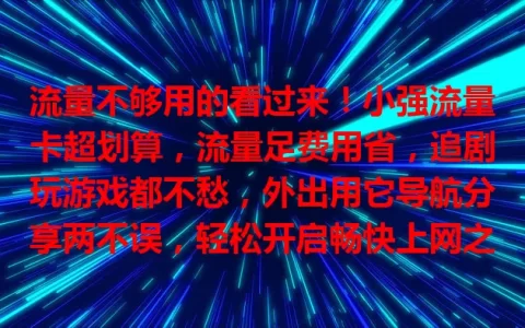 流量不够用的看过来！小强流量卡超划算，流量足费用省，追剧玩游戏都不愁，外出用它导航分享两不误，轻松开启畅快上网之旅