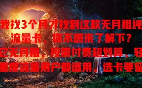 我找3个月才找到这款无月租纯流量卡，你不想来了解下？

它无月租，按需付费超划算，轻重度流量用户都适用。选卡要留意稳定性、有效期和充值规则等，综合考量挑最适合的，让流量使用更经济便捷！