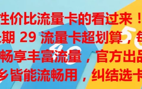 追求高性价比流量卡的看过来！电信官方长期 29 流量卡超划算，每月 29 元畅享丰富流量，官方出品网络稳，城乡皆能流畅用，纠结选卡的不妨试试它！