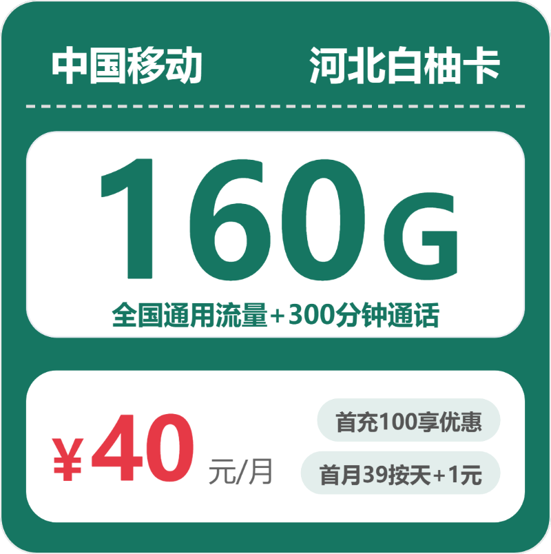 移动河北白柚卡40元月租160G流量+300分钟通话-套餐资料及办理攻略