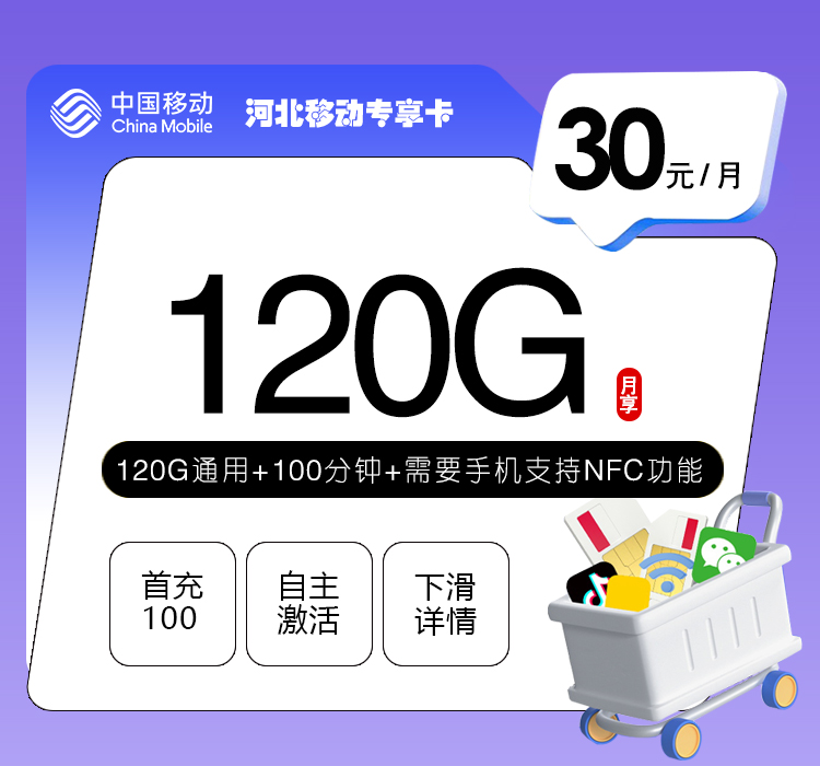 移动河北专享卡③30元月租120G流量+100分钟通话-套餐资料及办理攻略