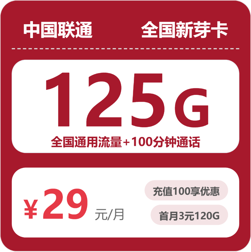 联通全国新芽卡29元月租125G流量+100分钟通话-套餐详情及办理方式