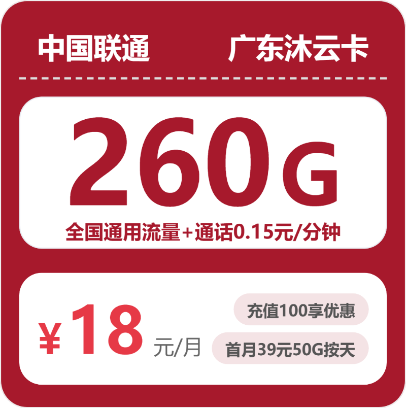 联通广东沐云卡18元月租260G流量+0.15元/分钟通话-套餐介绍及办理渠道